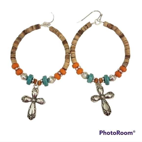 Cross Hoop Earrings, Cross Dangle, Beaded Cross Earrings - Picture 1 of 4